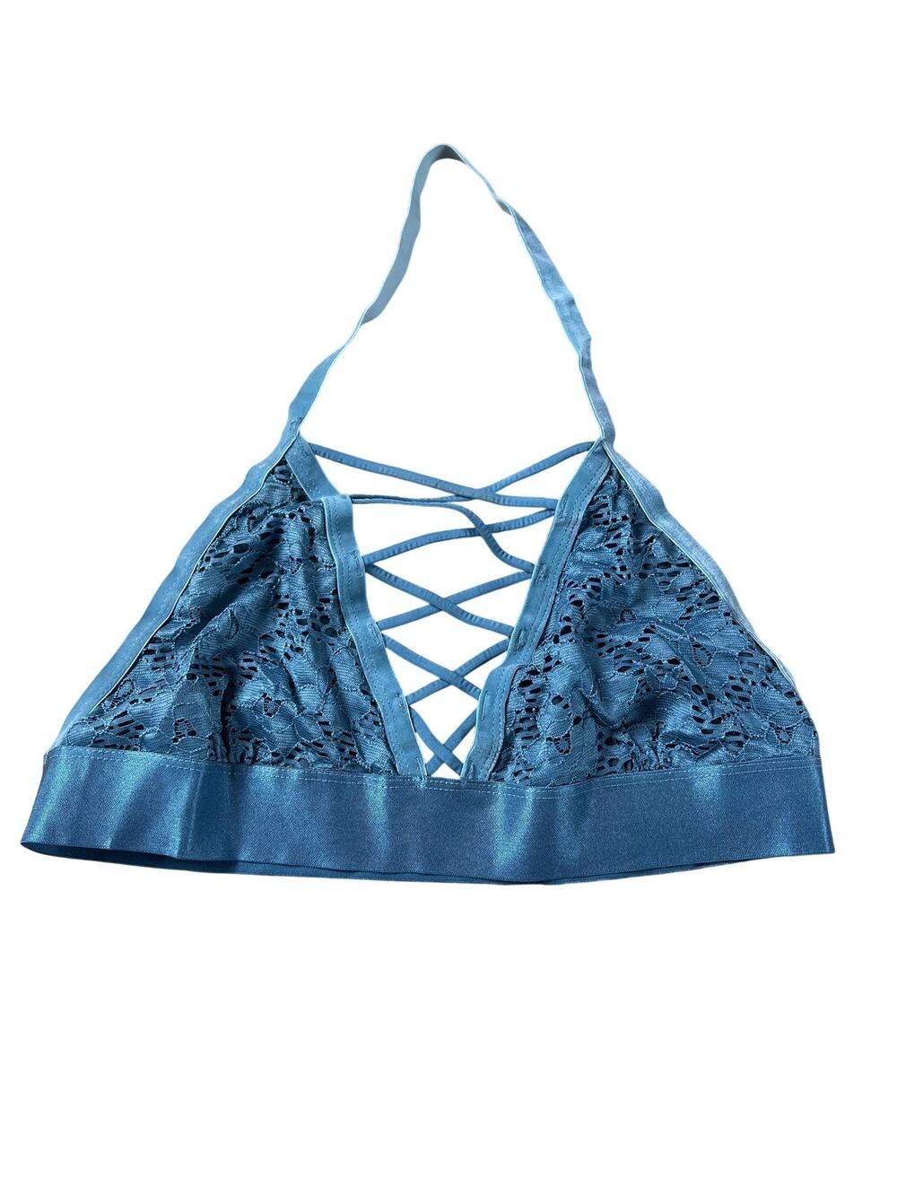 Iris Top Womens L Blue Lace Halter Lined Stretch Floral Sleeveless Adjustable